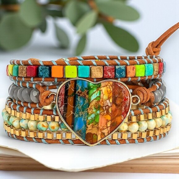 🆕️Bohemian Multilayer Wrap Bracelet with Imperial Jasper Agate Druzy Stone - Picture 1 of 12